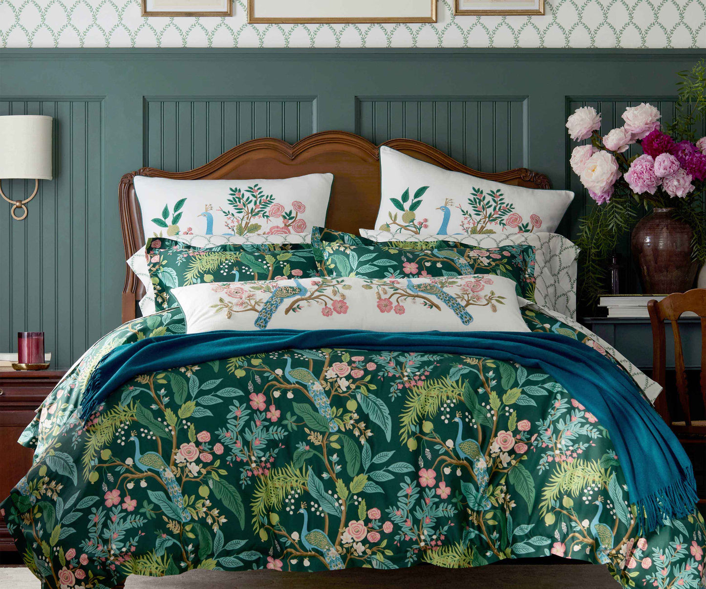 Embroidered Pillow Cover - Peacock White
