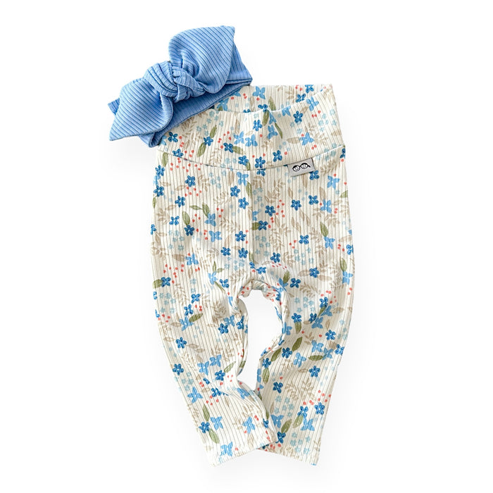 Blue Tone Dainty Flowers on White Leggings with Blue Ribbed Headband