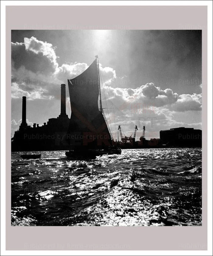 Boats Sail past Battersea, London - VINTAGEARTREPRINTS.COM