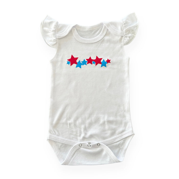 Red Blue Stars Flutter Sleeve White Bodysuit