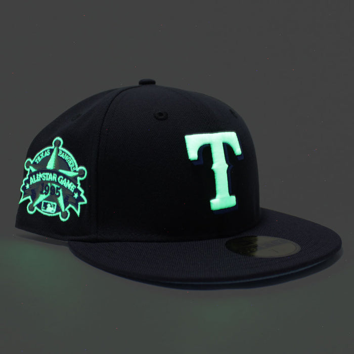 Texas Rangers 1995 All Star Game New Era 59Fifty Fitted Hat (Glow in The Dark Navy Sky Blue Under Brim)