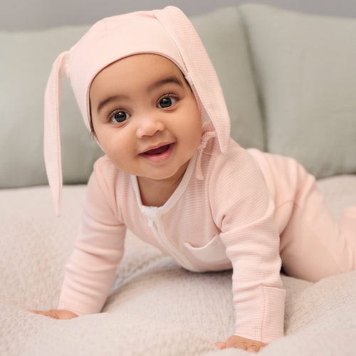 Blush Stripe Clever Zip Sleepsuit & Bunny Bonnet Set