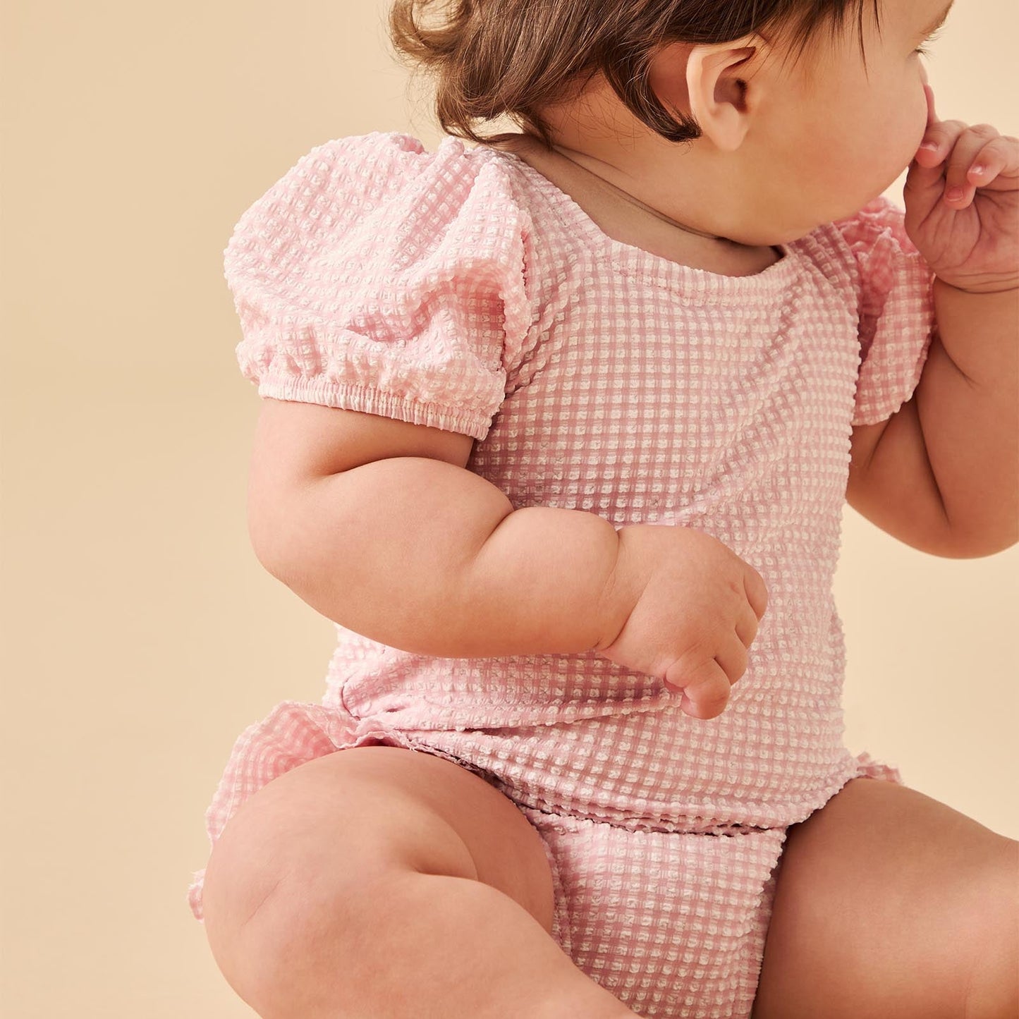 Gingham Seersucker Puff Sleeve Swimsuit