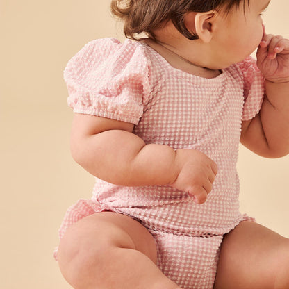 Gingham Seersucker Puff Sleeve Swimsuit