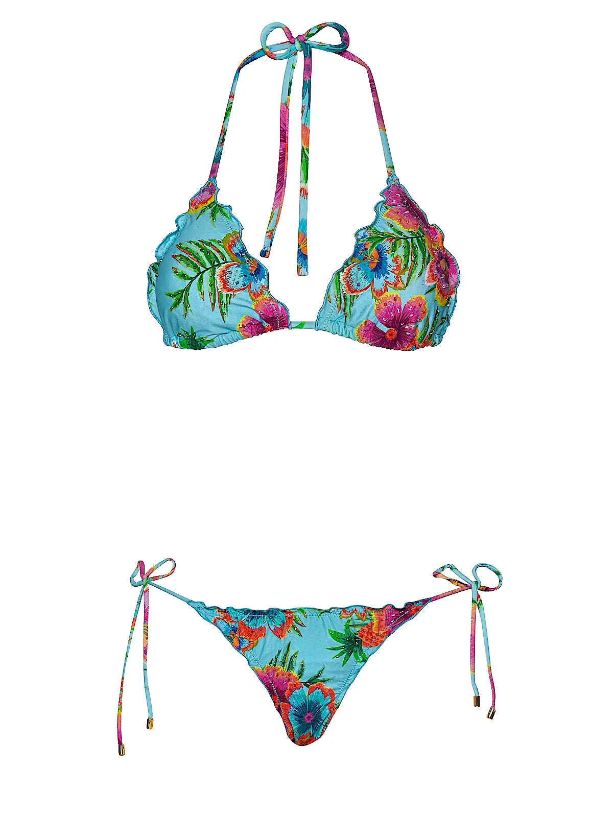 Embroidered Lettuce Edge Triangle-Embroidered Lettuce Edge Tie Side Bikini