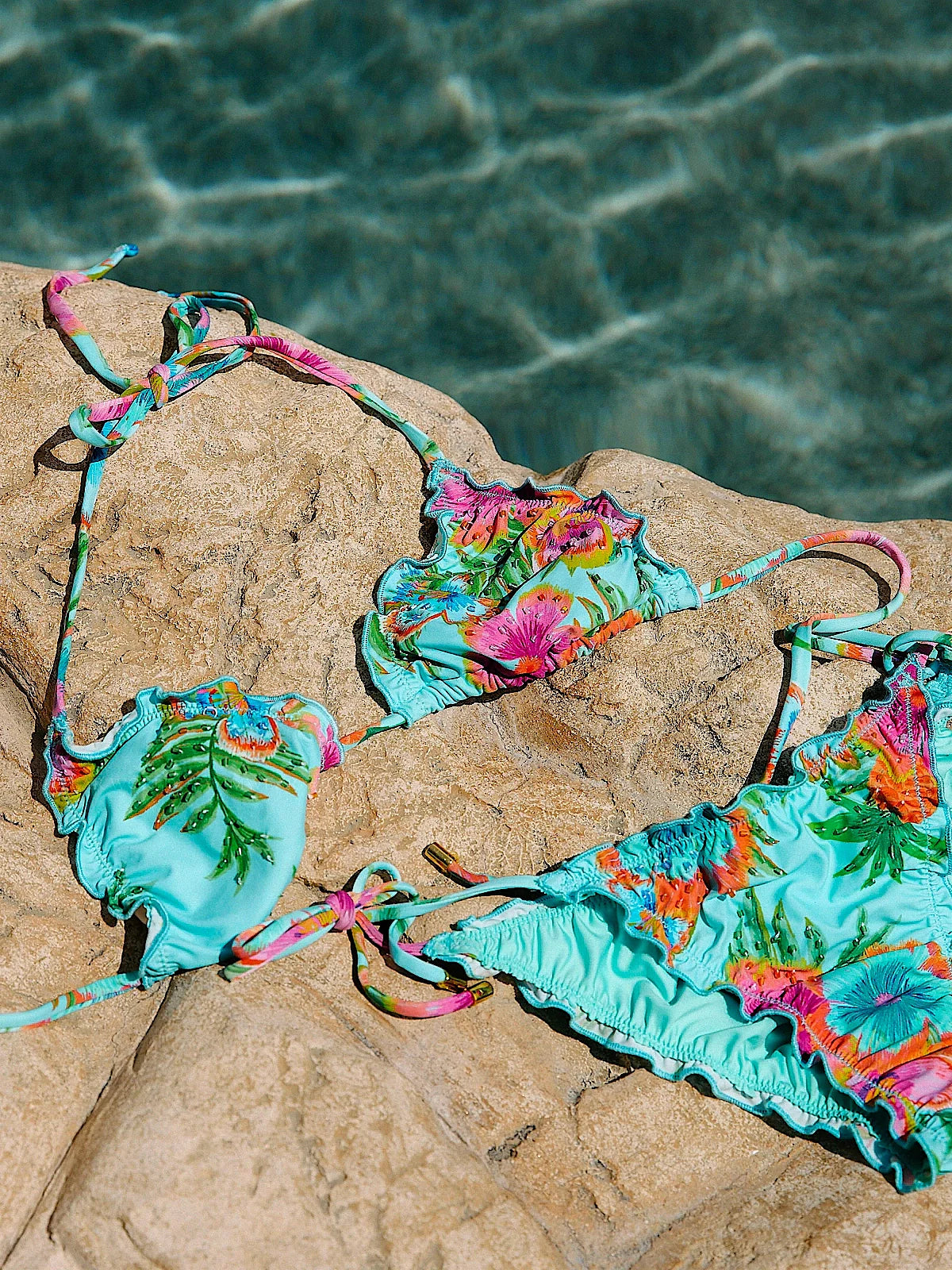 Embroidered Lettuce Edge Triangle-Embroidered Lettuce Edge Tie Side Bikini