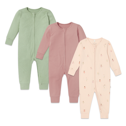 Ballerina & Ribbed Clever Zip Sleepsuit 3 Pack