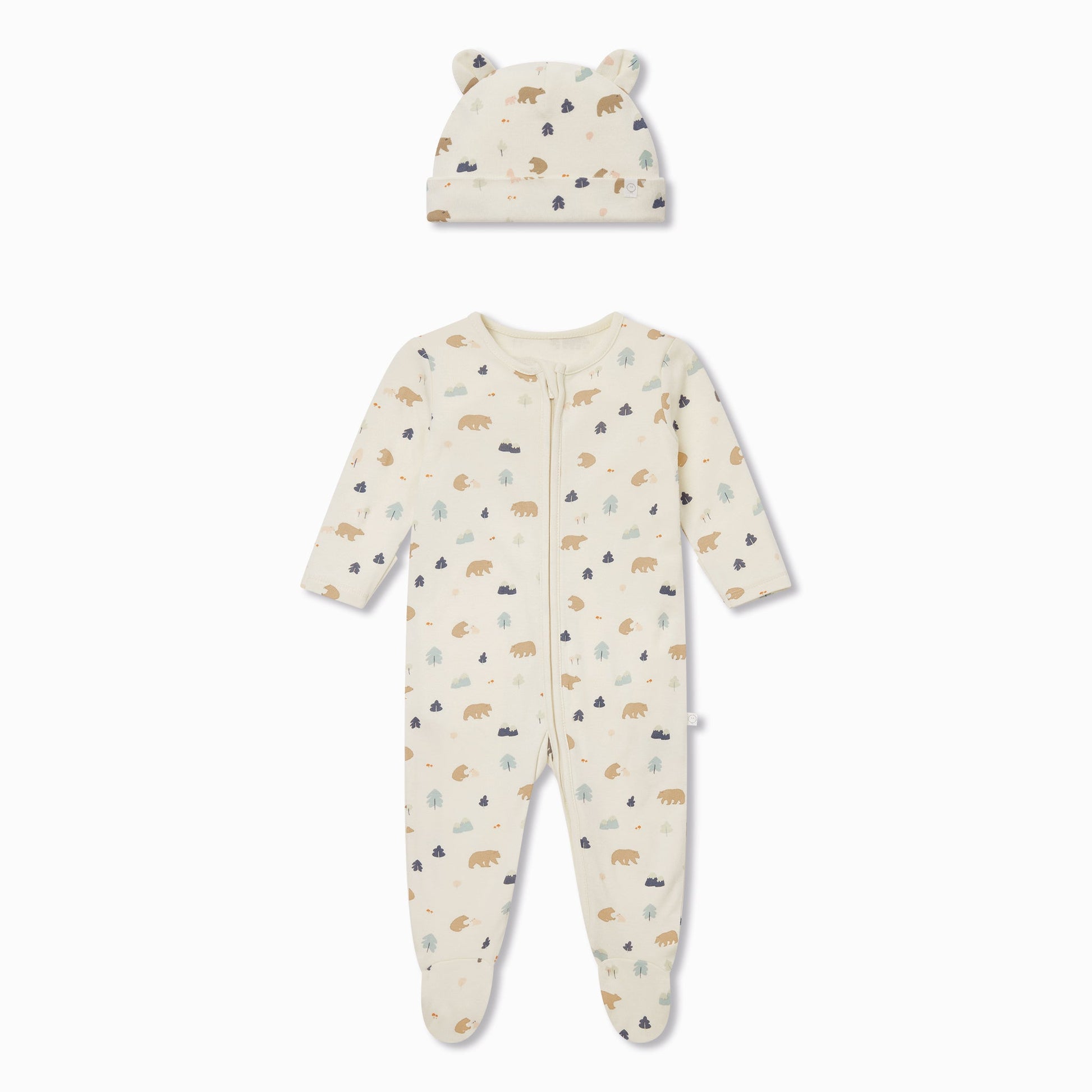 Bear Print Zip-Up Sleepsuit & Hat Set