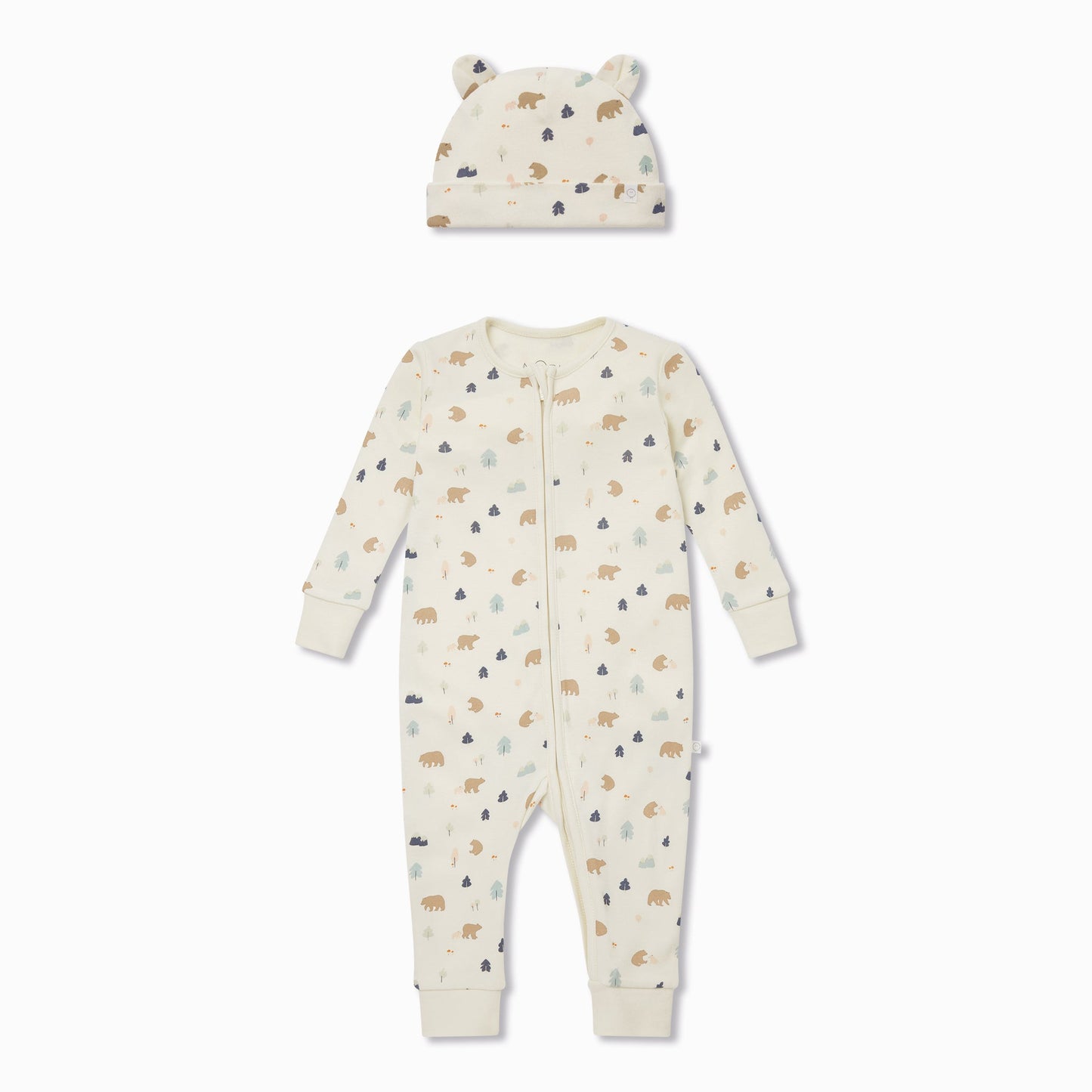Bear Print Zip-Up Sleepsuit & Hat Set