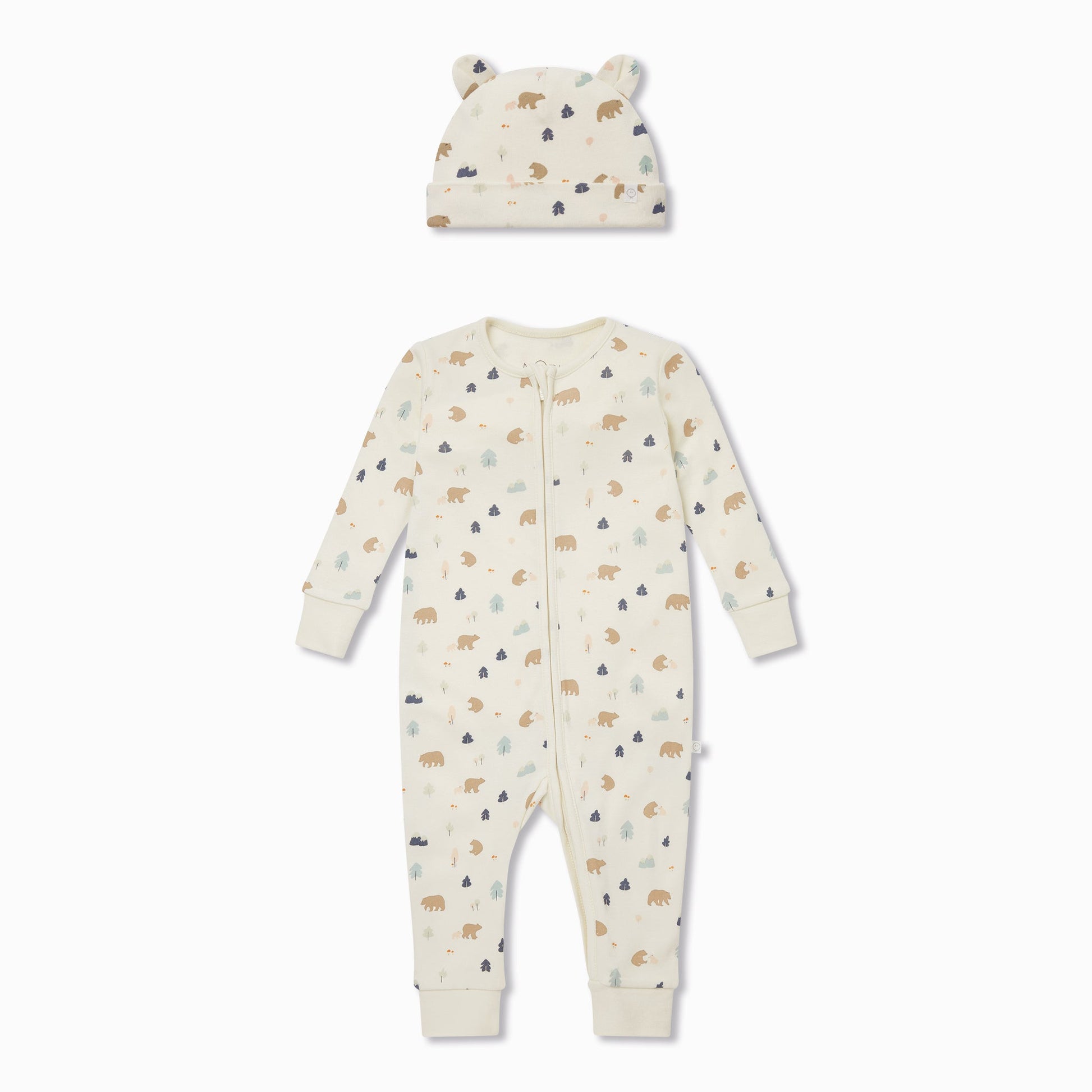 Bear Print Zip-Up Sleepsuit & Hat Set