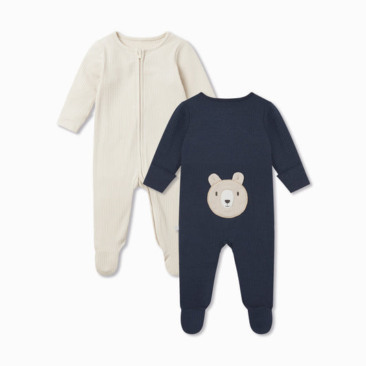 Bear Ribbed Clever Zip Sleepsuit 2 Pack