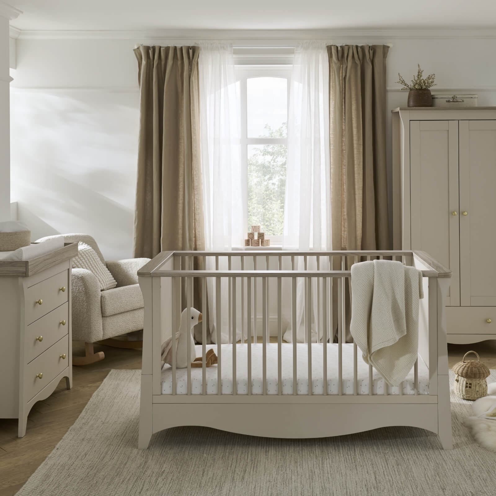 CuddleCo Clara 3 Piece Set Drawer Dresser Cot Bed + Wardrobe - Cashmere