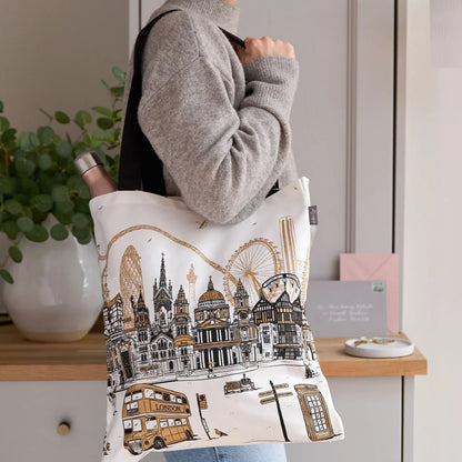 Victoria Eggs Quintessentially London Canvas Tote Bag - White & Gold