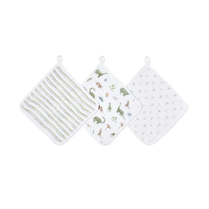 aden + anais Essentials Cotton Muslin Washcloths Set - 3 Pack - Dino Jungle
