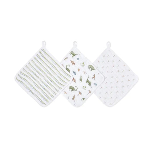 aden + anais Essentials Cotton Muslin Washcloths Set - 3 Pack - Dino Jungle