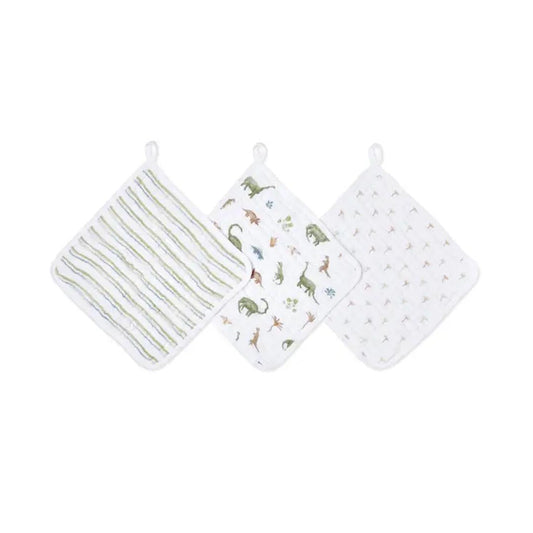 aden + anais Essentials Cotton Muslin Washcloths Set - 3 Pack - Dino Jungle
