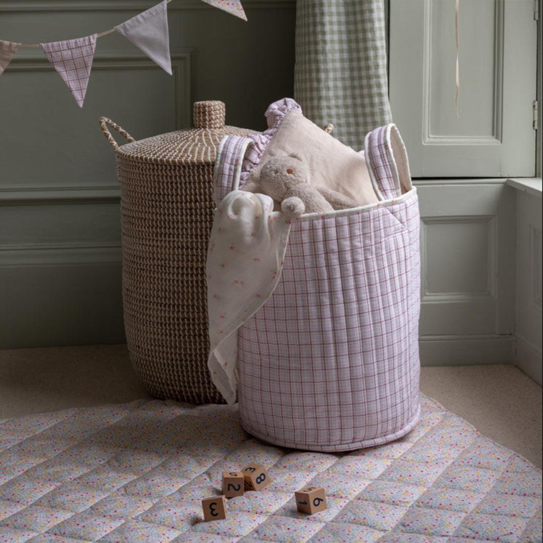Avery Row Large Quilted Storage Basket  - Anemone/Pink Check