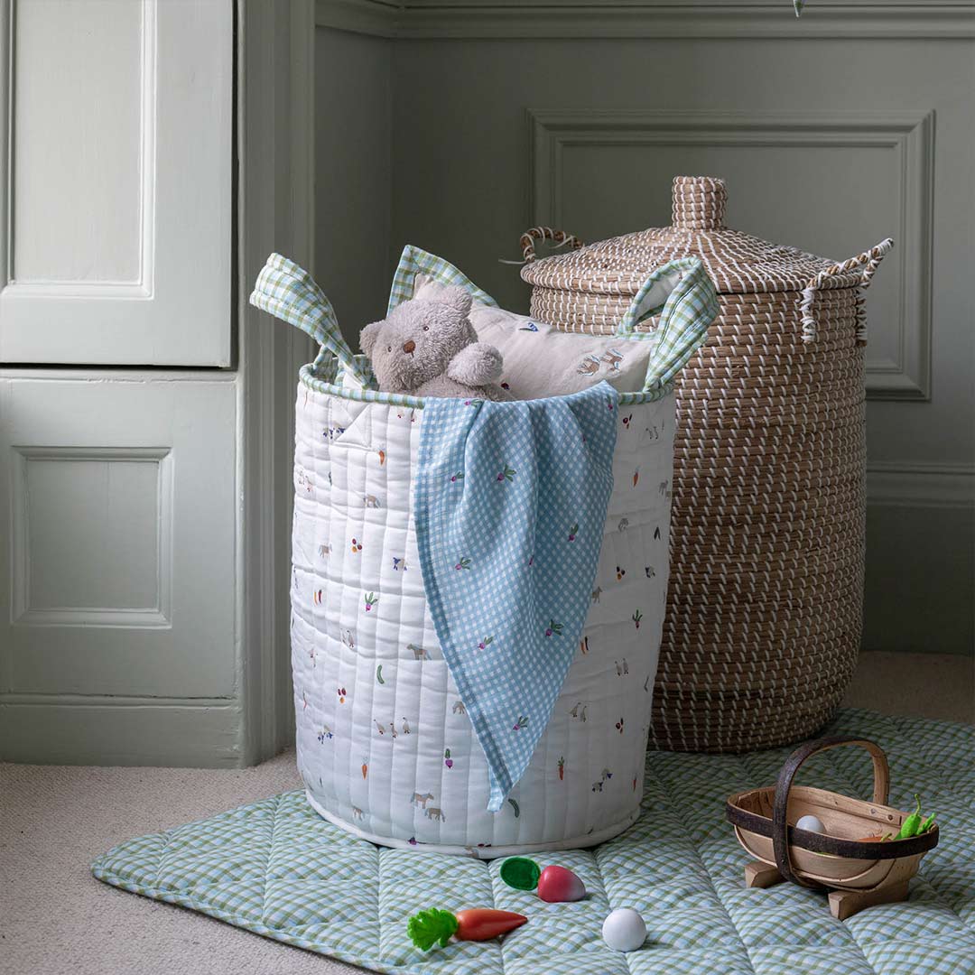 Avery Row Large Quilted Storage Basket - Little Farm/Greenhouse Gingham