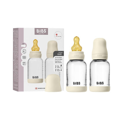 BIBS 2 Pack Slow Flow Glass Baby Bottle Round Latex - 120ml - Ivory