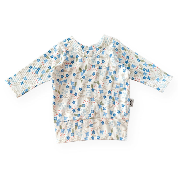 Blue Tone Dainty Flowers on White Ribbed Lounge Top