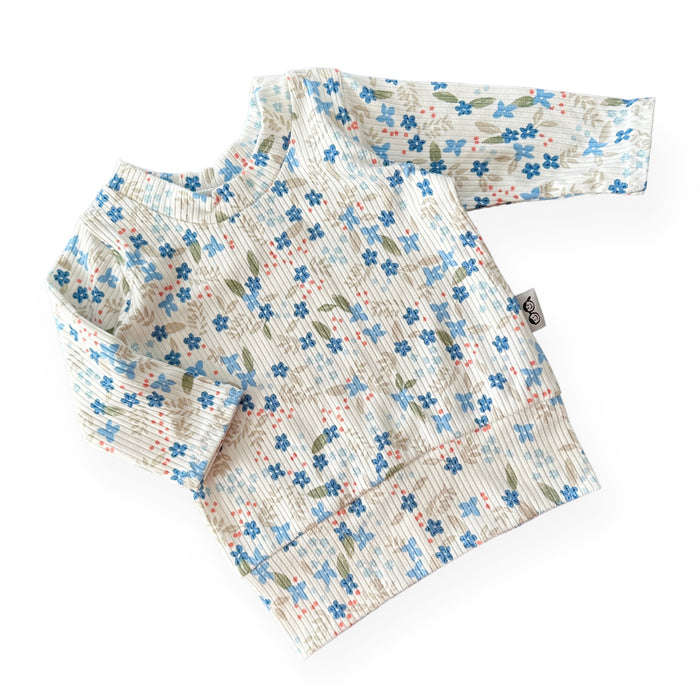Blue Tone Dainty Flowers on White Ribbed Lounge Top