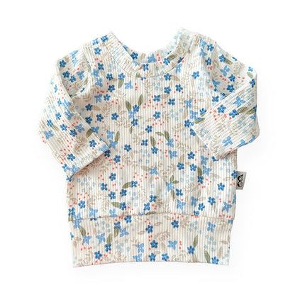Blue Tone Dainty Flowers on White Ribbed Lounge Top