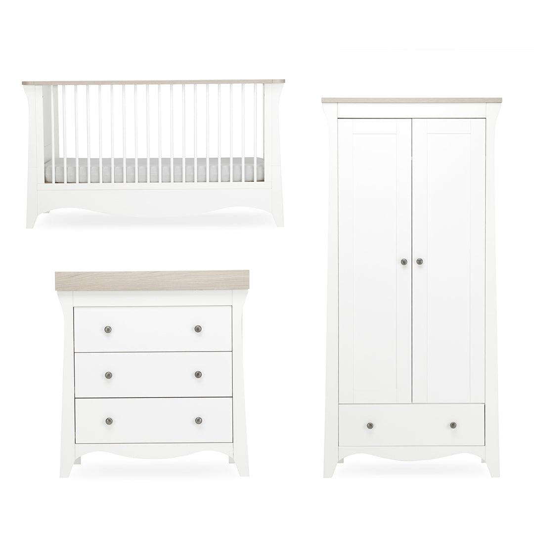 CuddleCo Clara 3 Piece Set 3-Drawer Dresser Cot Bed + Wardrobe - White/Ash