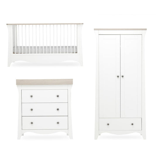 CuddleCo Clara 3 Piece Set 3-Drawer Dresser Cot Bed + Wardrobe - White/Ash