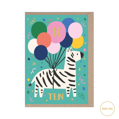 Age 10 - Zebra Birthday Card - Ten
