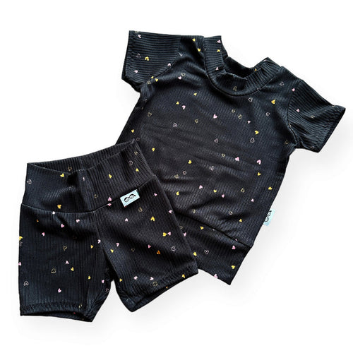 Dainty Hearts on Black Ribbed Biker Shorts Lounge Set
