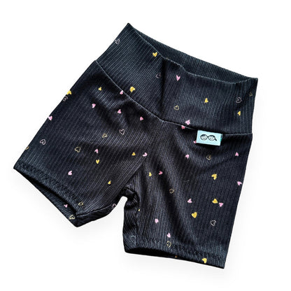Dainty Hearts on Black Ribbed Biker Shorts