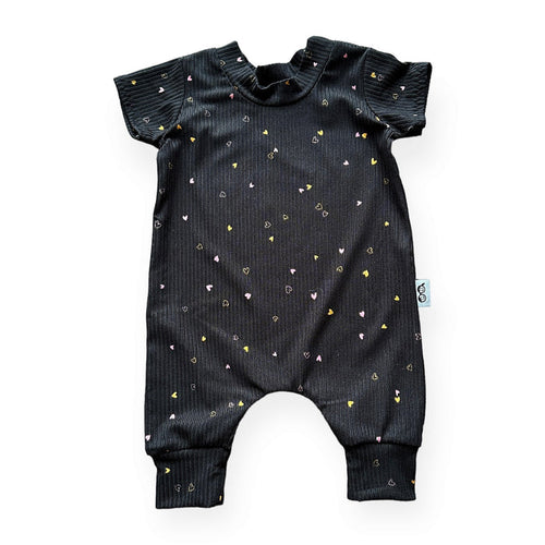 Dainty Hearts on Black Ribbed Harem Romper