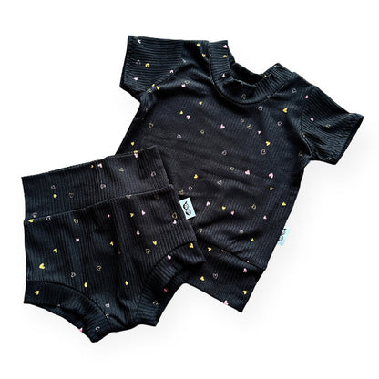 Dainty Hearts on Black Ribbed Summer Lounge Set