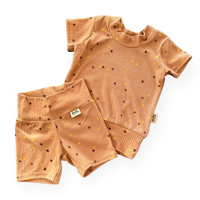 Dainty Hearts on Camel Ribbed Biker Shorts Lounge Set