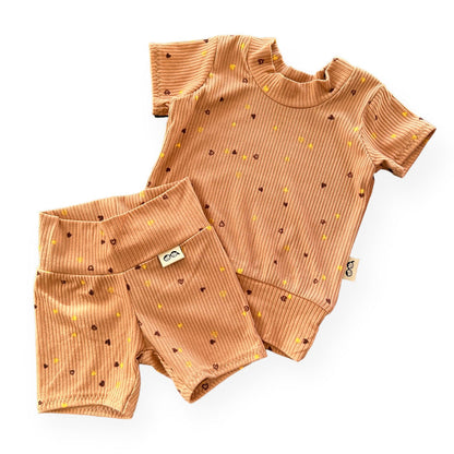 Dainty Hearts on Camel Ribbed Biker Shorts Lounge Set