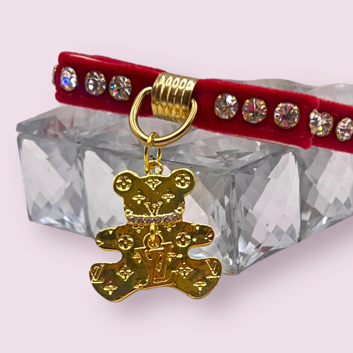 Bark Fifth Avenue - Velvet Bow Bear Charm Collar- Dog Collar