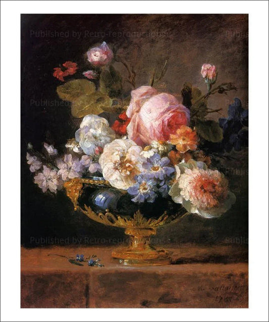 Fleurs dans un Vase de Porcelaine Bleue - Anne Vallayer-Coster - VINTAGEARTREPRINTS.COM