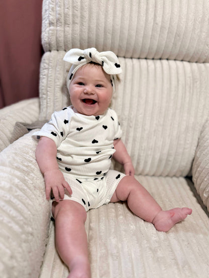 Flipped Black Hearts on White Ribbed Biker Shorts Lounge Set