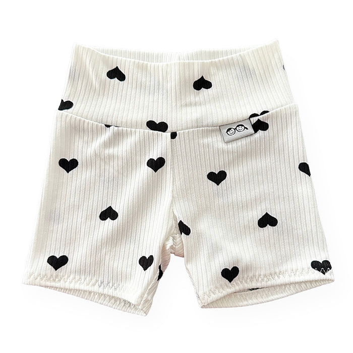 Flipped Black Hearts on White Ribbed Biker Shorts
