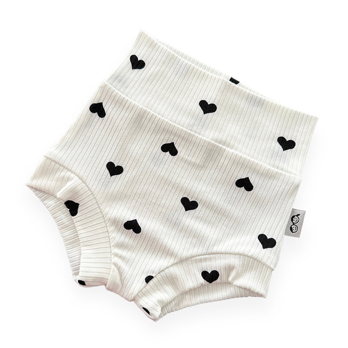 Flipped Black Hearts on White Ribbed Bummies