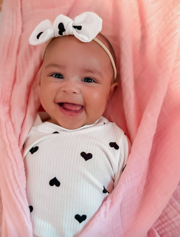 Flipped Black Hearts on White Ribbed Headbands