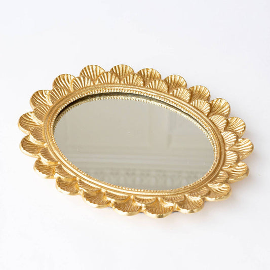 Gold Scalloped Round Mirrored Tray