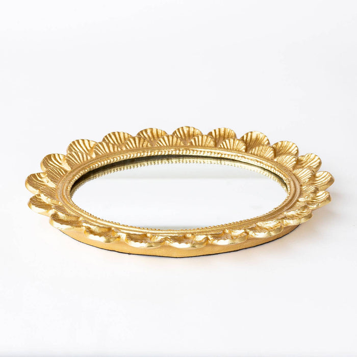 Gold Scalloped Round Mirrored Tray