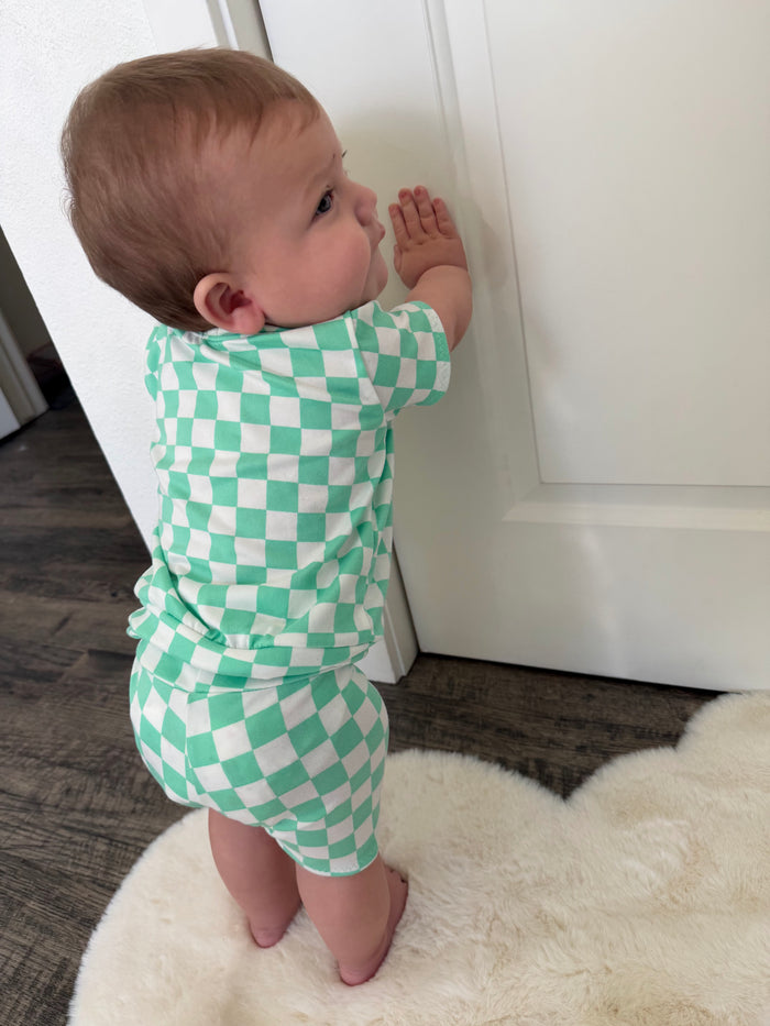 Green Checkered Biker Shorts Lounge Set
