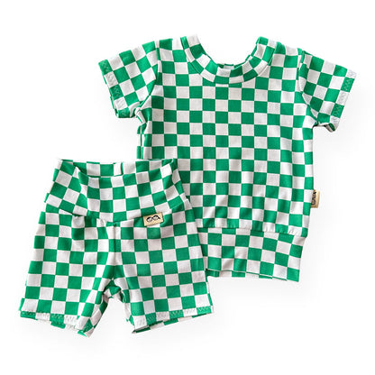Green Checkered Biker Shorts Lounge Set