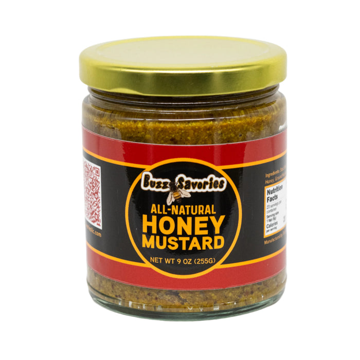 Jar of Buzz Savelle's All-Natural Honey Mustard on a white background