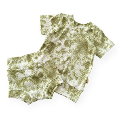 Olive Green Tie Dye Ribbed Summer Lounge Set