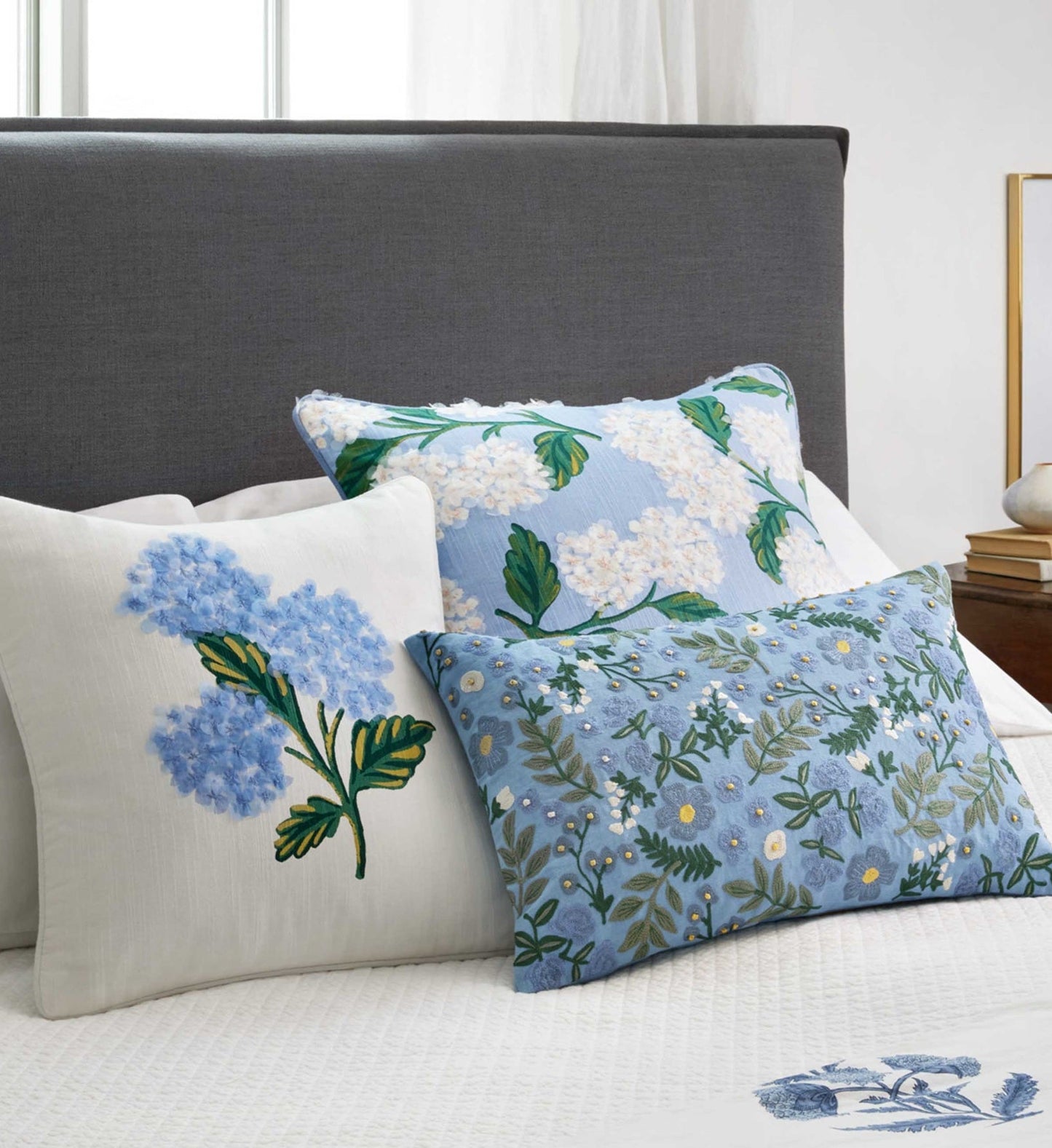 Hydrangea Embellished Pillow - Blue