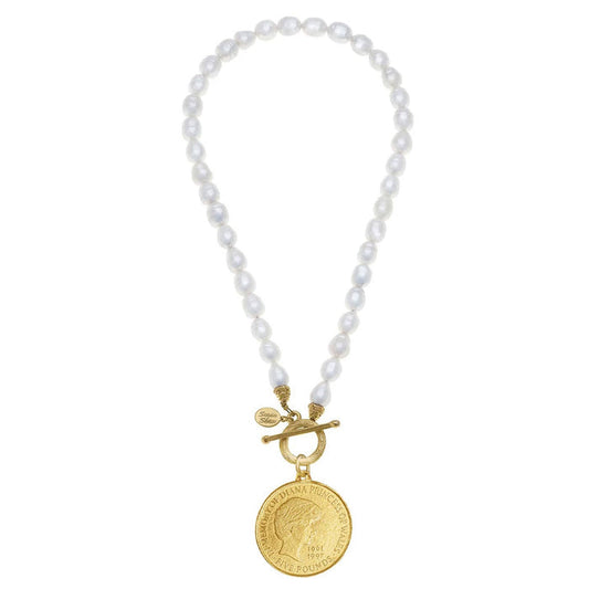 Princess Diana Coin on Front Toggle Pearl Necklace