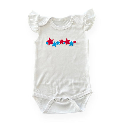 Red Blue Stars Flutter Sleeve White Bodysuit